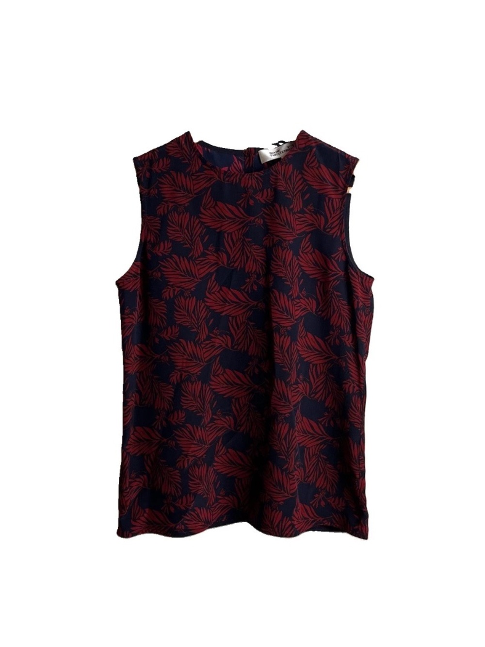 DIANE VON FURSTENBERG Tank Top P XS Blue Red Leaf Print Silk Sleeveless Women’s
